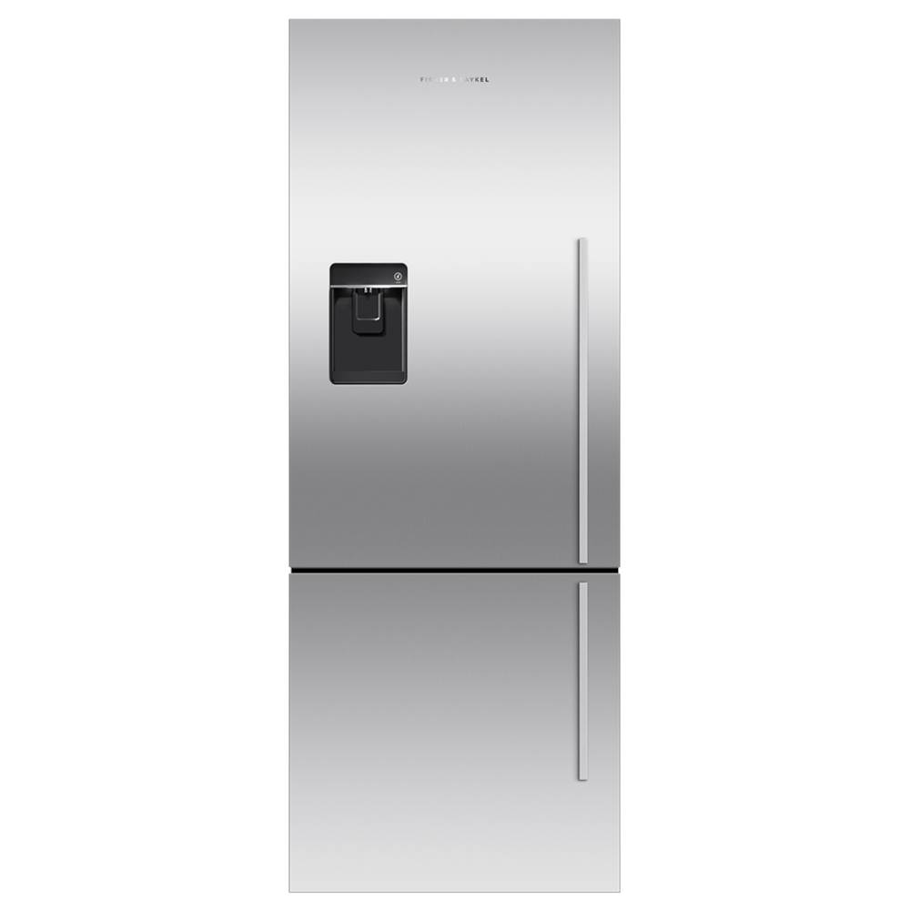 Fisher & Paykel 25'' Bottom Mount Refrigerator Freezer, Stainless Steel, 13.5 cu ft, Ice & External Water, Counter Depth, Left Hinge, Contemporary Square Handle
