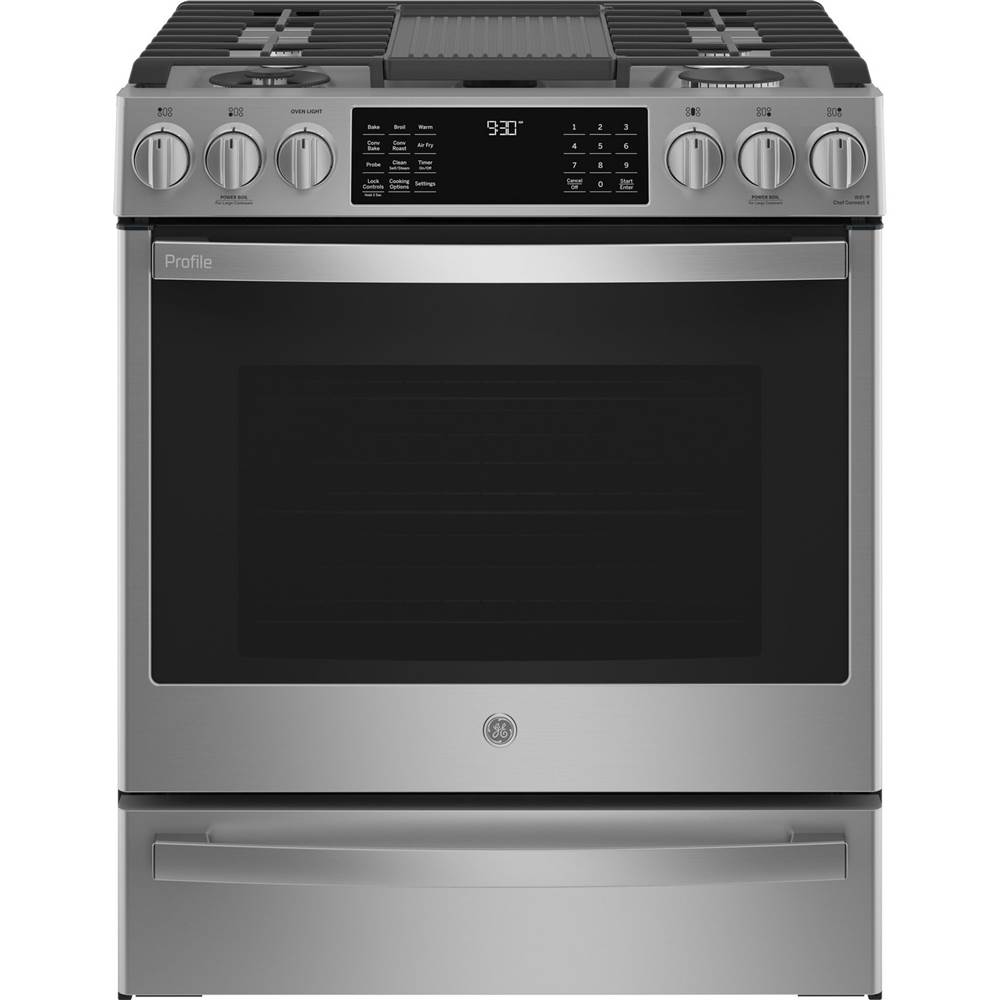 GE Profile Series 30'' Smart Slide-In Front-Control Gas Fingerprint Resistant Range With No Preheat Air Fry