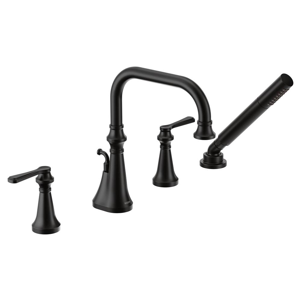 Moen Colinet Two Handle Deck-Mount Roman Tub Faucet Trim with Lever Handles and Handshower, Valve Required, in Matte Black