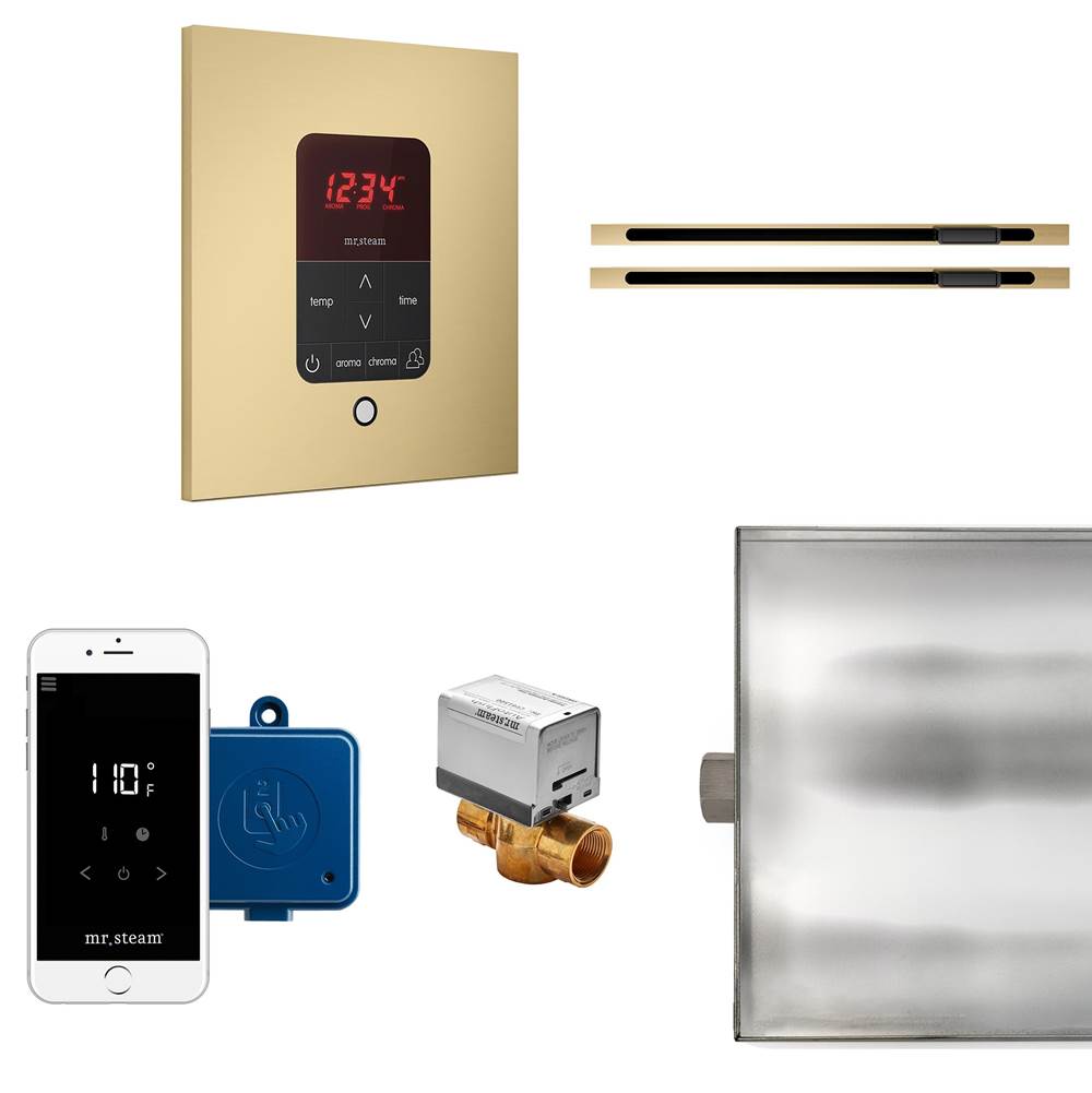 Mr. Steam Butler Max Linear Steam Shower Control Package with iTempoPlus Control and Linear SteamHead in Square Satin Brass
