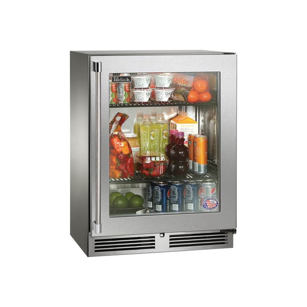 Perlick Signature Series Shallow Depth 18'' Depth Marine Grade Refrigerator w/ stainless steel solid door, hinge right, w/ lock