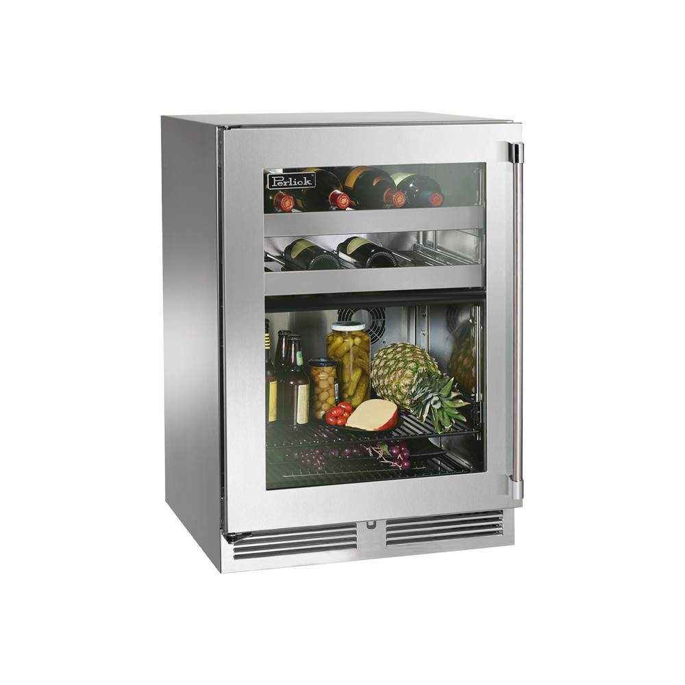 Perlick 24'' Signature Series Marine Grade Dual-Zone Refrigerator/Wine Reserve w/ stainless steel solid door, hinge right, w/ lock