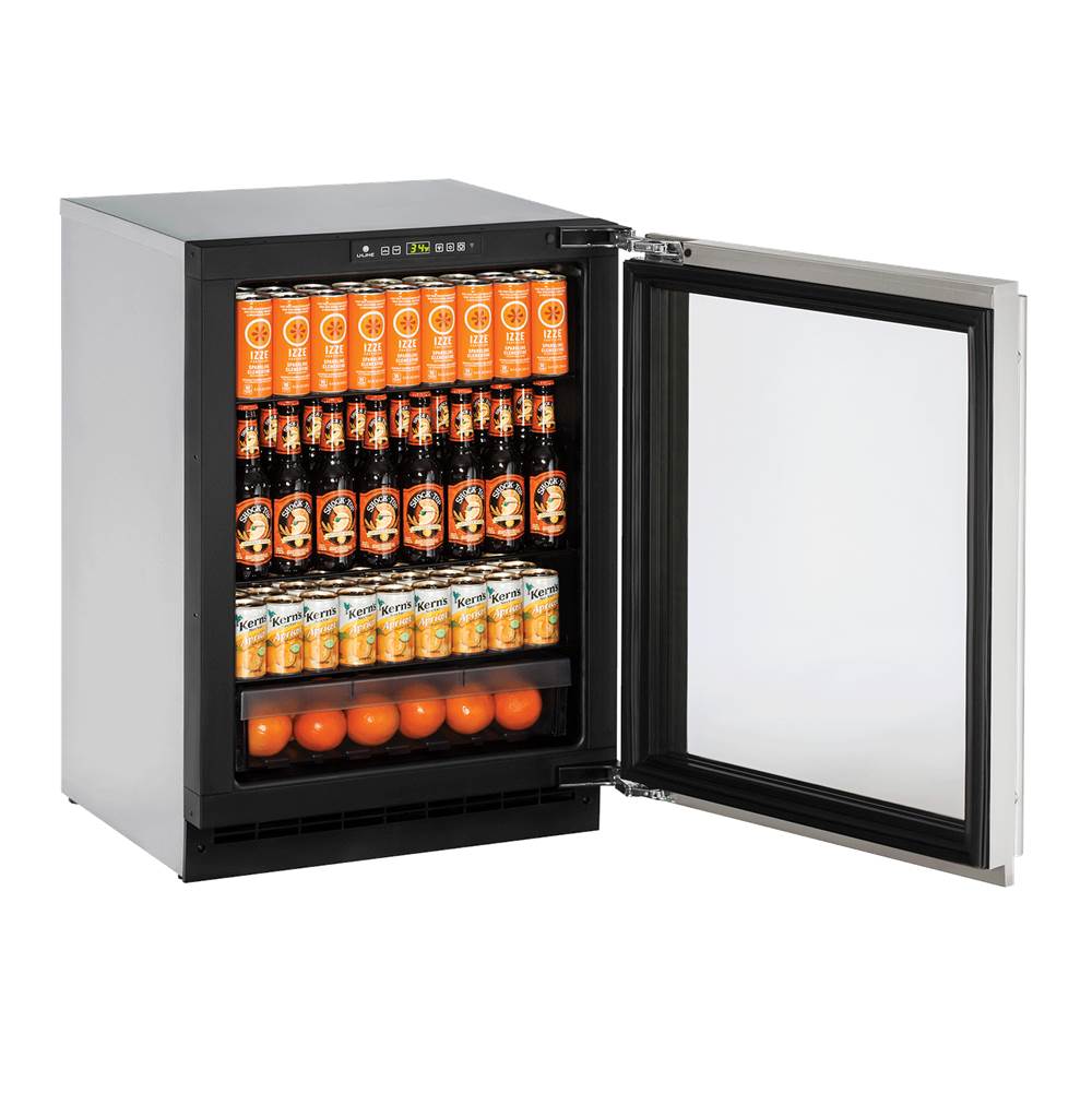 U Line Glass Refrigerator 24'' Lock Right Hinge Stainless 115v