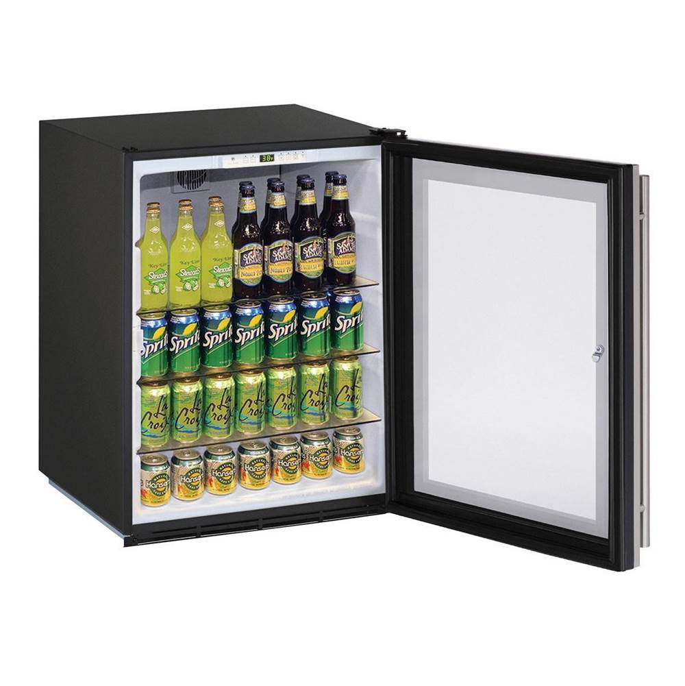U Line Glass Refrigerator 24'' Lock Reversible Hinge Black 115v