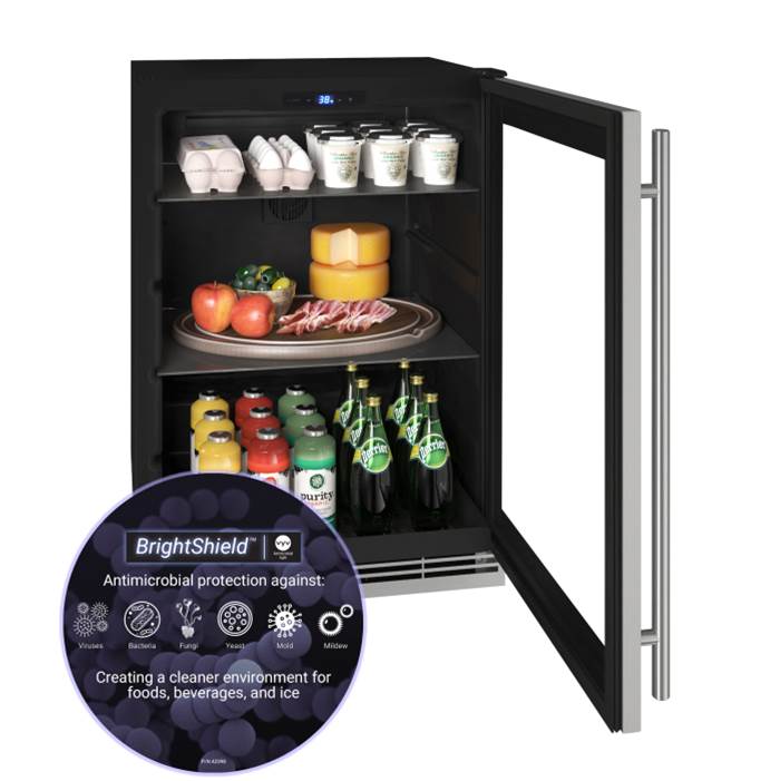 U Line Glass Refrigerator 24'' Reversible Hinge Stainless Frame 115v BrightShield