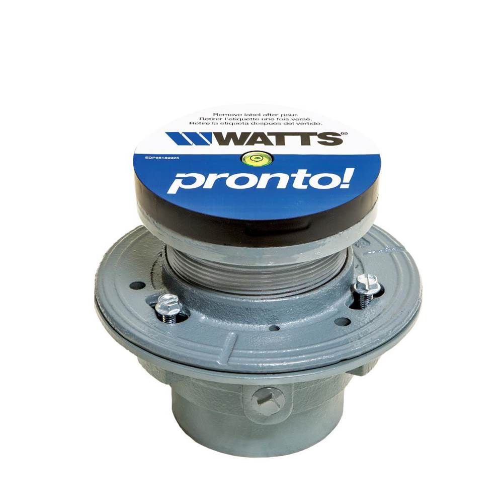 Watts Pronto Floor Drain, CI, Pre/Post-Pour Adjust, Level Shims/Bubble, Anchor Flange, Rev. Clamp Collar,8 IN NB Strainer,2 IN PO Outlet