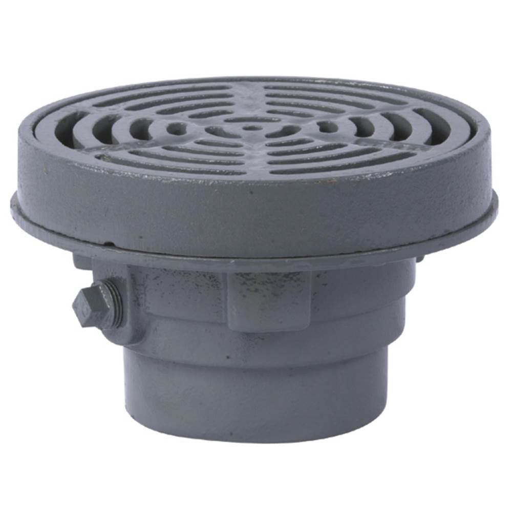 Watts Floor Drain, Fixed Top, Cast Iron, 8 IN Ductile Iron Grate, 2 IN No Hub, Sediment Bucket,  Anchor Flange, Weepholes