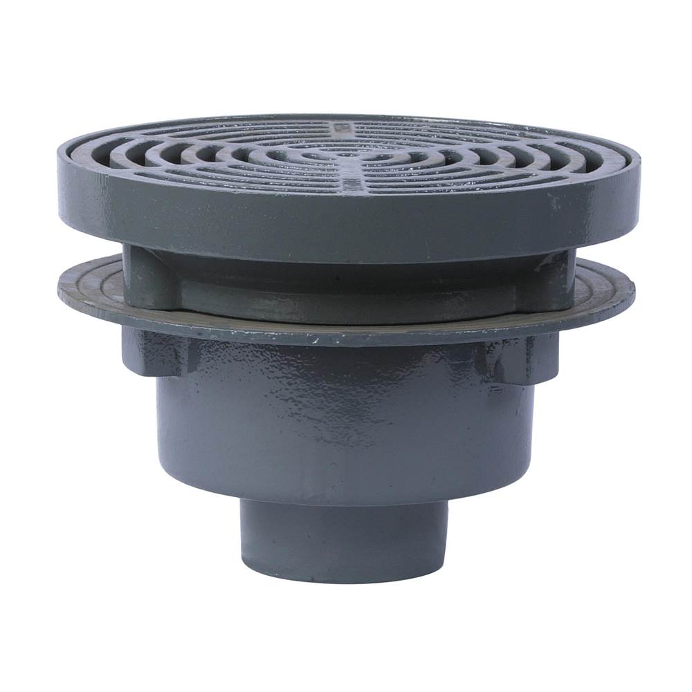 Watts Floor Drain, Fixed Top, Cast Iron, 12 IN Ductile Iron Grate, 4 IN No Hub, Sediment Bucket,  Anchor Flange, Weepholes